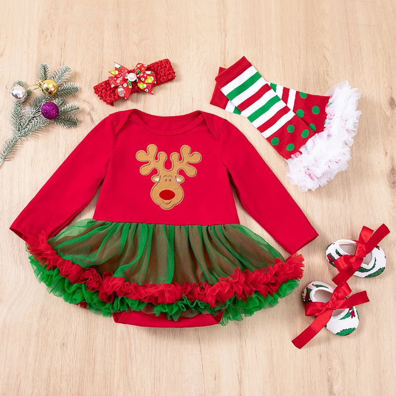 Christmas Baby 4-Piece Set - Cotton Romper, Hat & Mittens