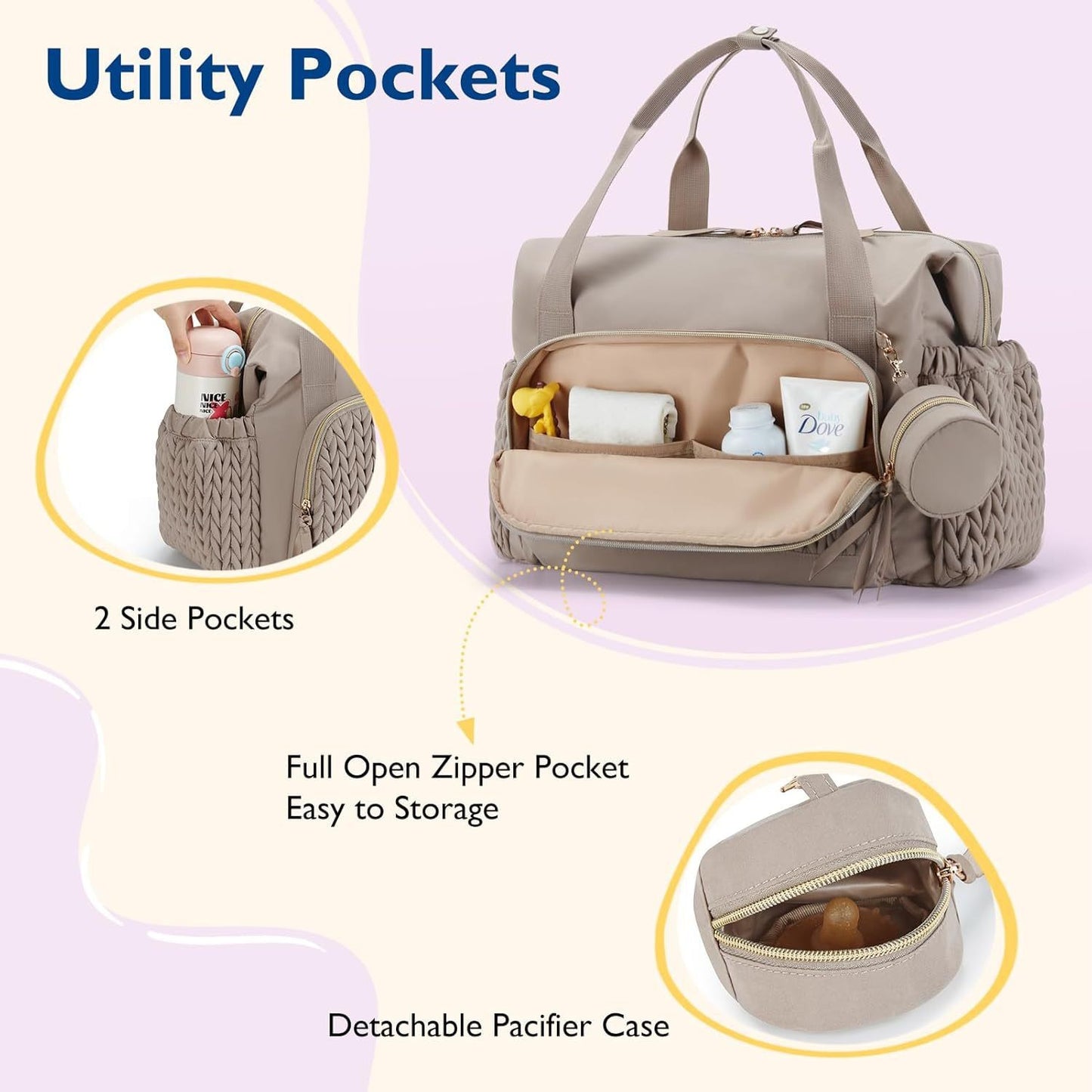 Extra Large Diaper Bag Tote - Detachable Pacifier Case, Insulated Pockets, Hospital & Travel Baby Bag