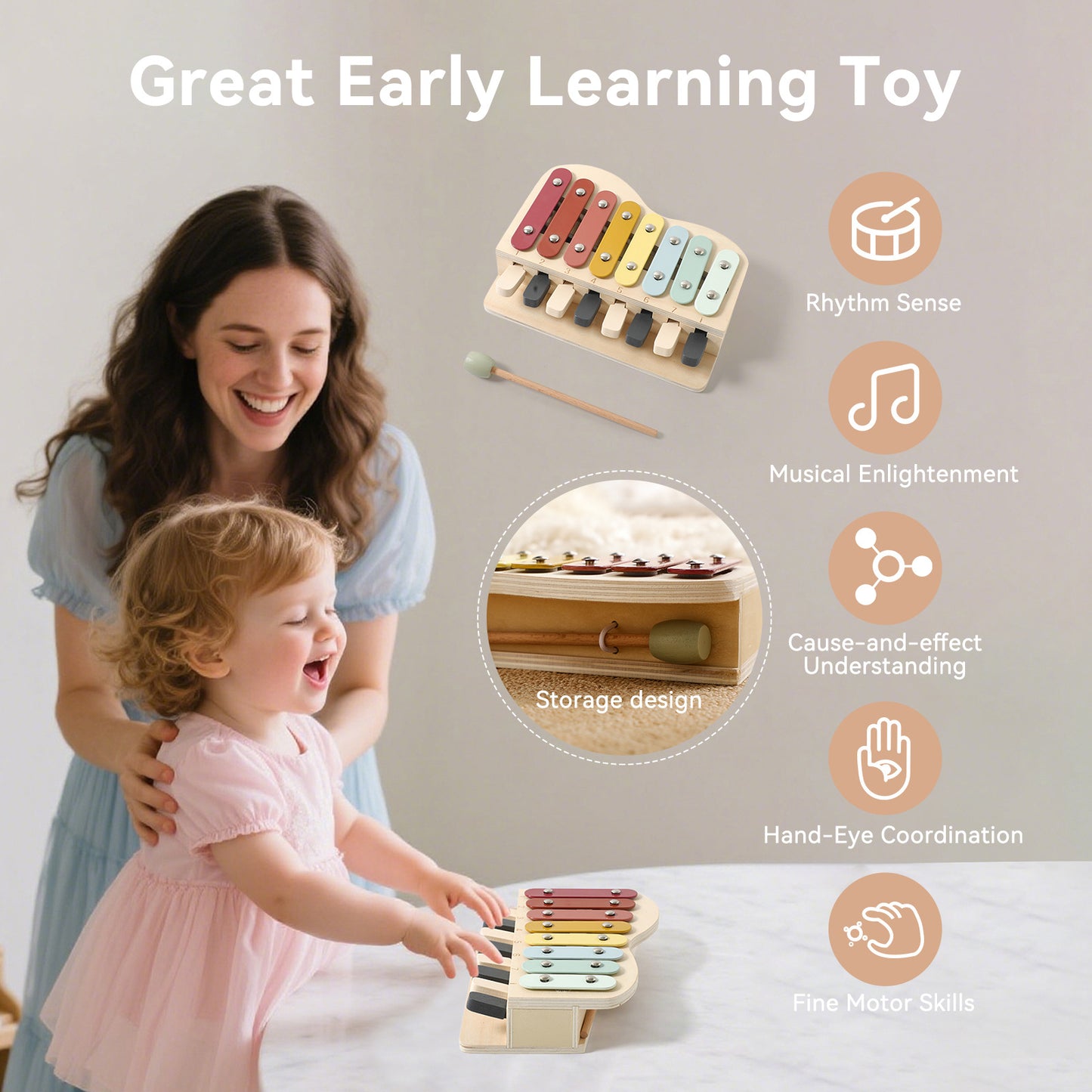 2-in-1 Wooden Piano Xylophone for Toddlers, Montessori Musical Learning Toy with Song Sheets