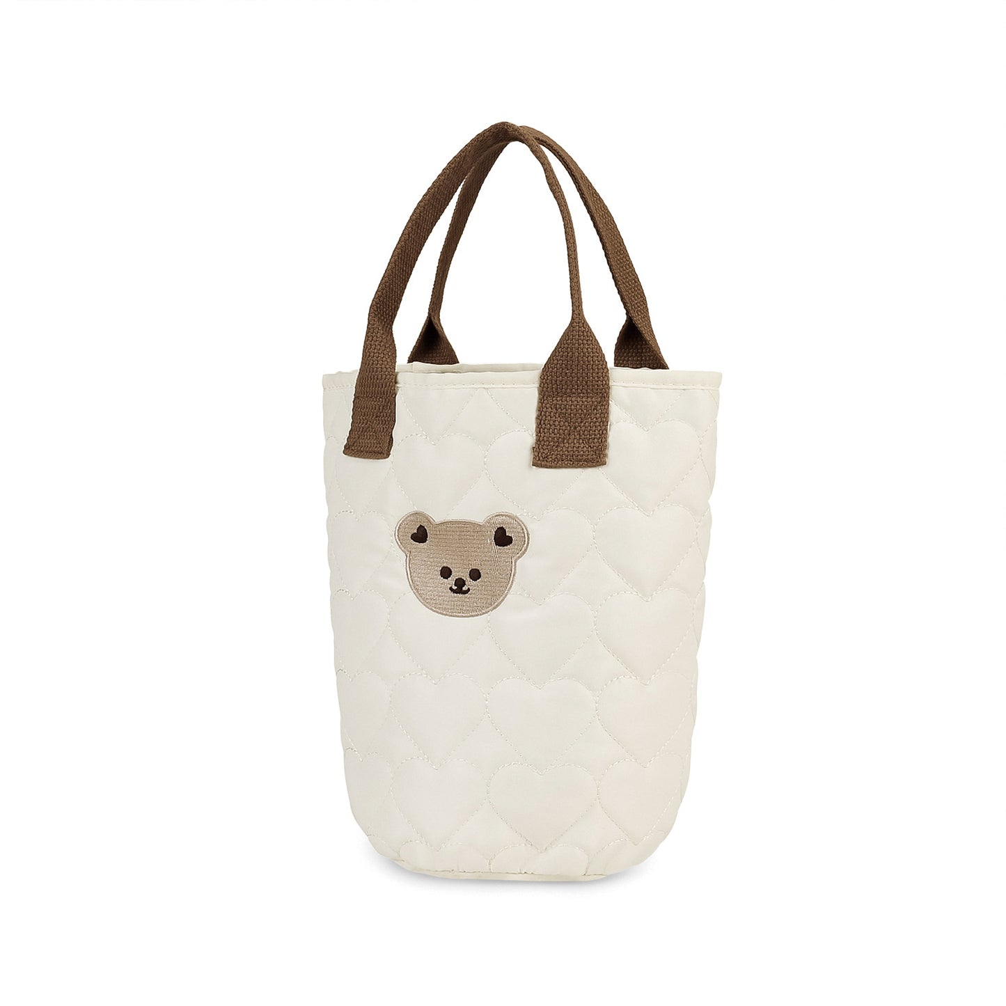 Creamy White Quilted Bear Diaper Bag Organizer – Cute Cotton Tote for Moms with Teddy Bear Embroidery