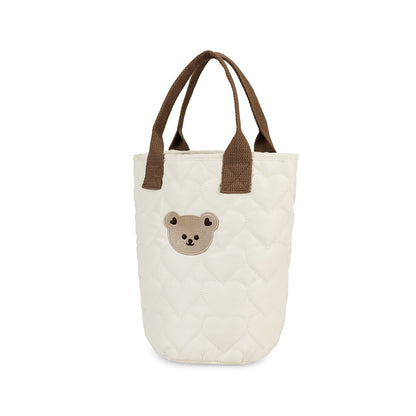Creamy White Quilted Bear Diaper Bag Organizer – Cute Cotton Tote for Moms with Teddy Bear Embroidery