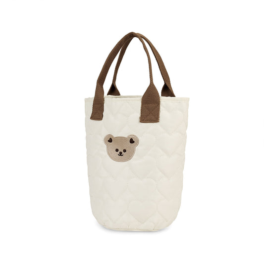 Creamy White Quilted Bear Diaper Bag Organizer – Cute Cotton Tote for Moms with Teddy Bear Embroidery