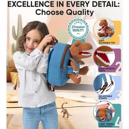 Dinosaur Backpack for Toddlers with Detachable Stuffed Animal - 3D T-Rex Plush Toy Bag for 2-4 Year Old Boy Gifts & Trav