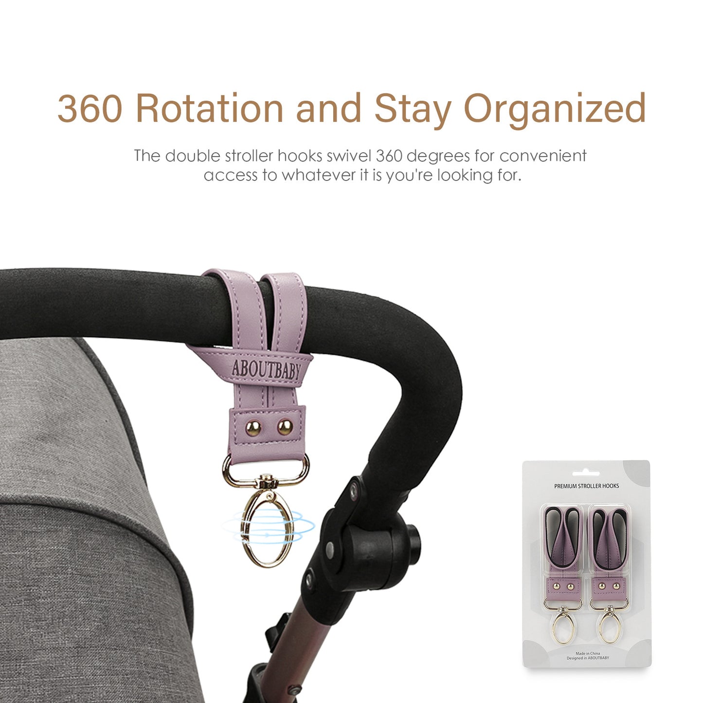 360° Rotating Stroller Hooks – Premium Vegan Leather Clips for Bags & Caddies, Heavy Duty Metal Snaps (Pair, Water Resistant)