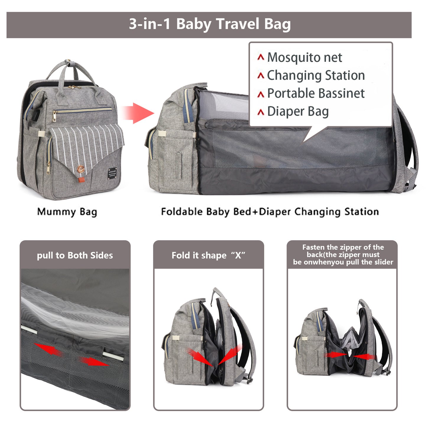 3-in-1 Convertible Baby Travel Bag – Portable Bassinet, Diaper Bag & Changing Station with Mosquito Net, Foldable Baby Bed for Outdoor, Travel & Daily Use