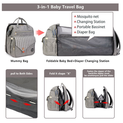 3-in-1 Convertible Baby Travel Bag – Portable Bassinet, Diaper Bag & Changing Station with Mosquito Net, Foldable Baby Bed for Outdoor, Travel & Daily Use
