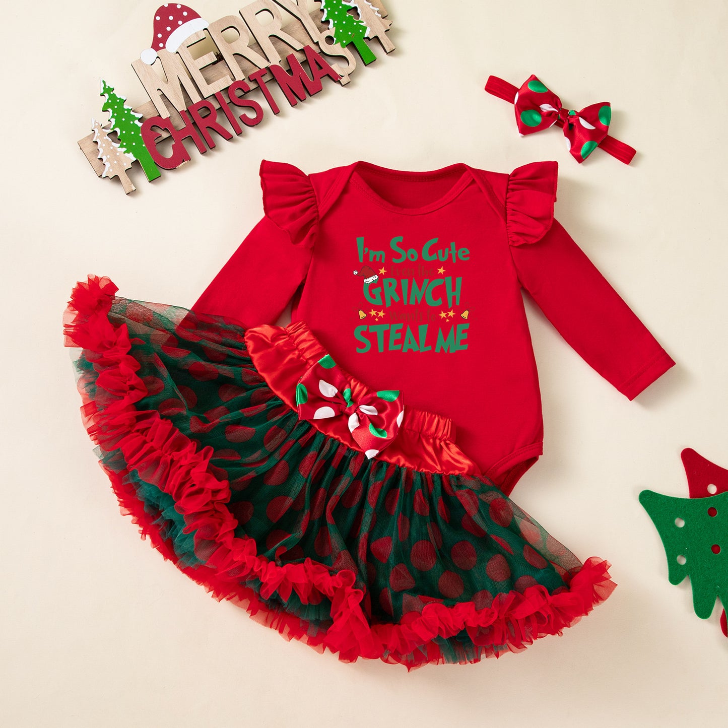 Christmas Baby Girl 3-Piece Set - Santa Dress Outfit with Romper & Skirt