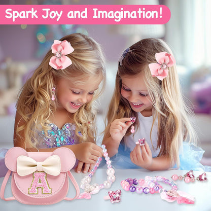 Personalized Girl's Purse Set for Toddlers - My First Wallet with Princess Jewelry, Dress Up Toy Gift for 3-6 Year Old (Custom Initial)