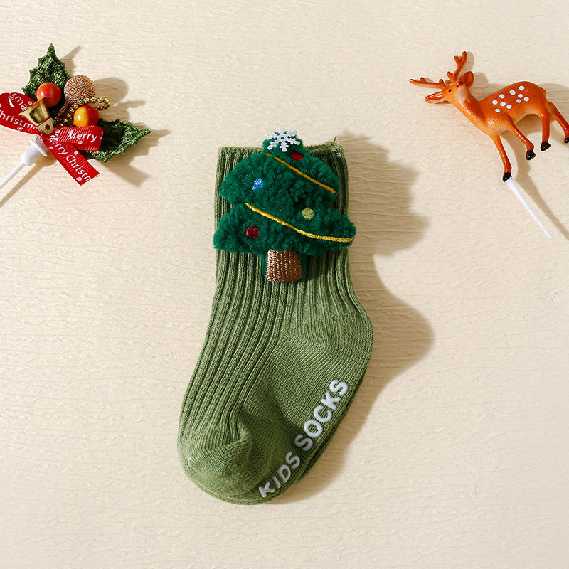 Christmas Baby Socks 3-Pair Set - Non-Slip Grip Cotton Socks with Holiday Designs