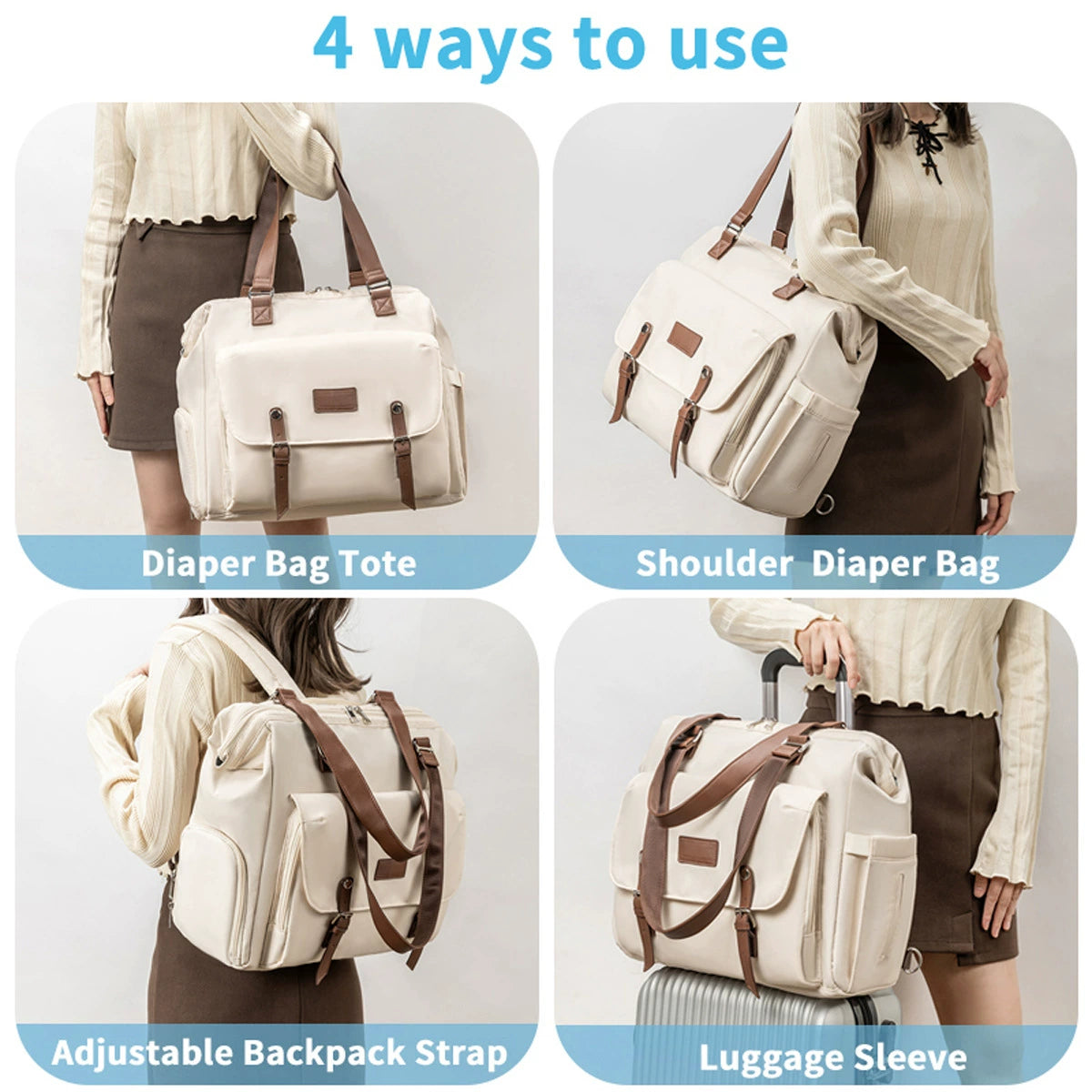 Diaper Bag Backpack Baby Bag, 4 in 1 Diaper Bag Tote, Mom Bag for Hospital with 14 Pockets, Diaper Tote Bag for Labor & Delivery, Large Waterproof Baby Travel Bag with 3 Insulated Pockets