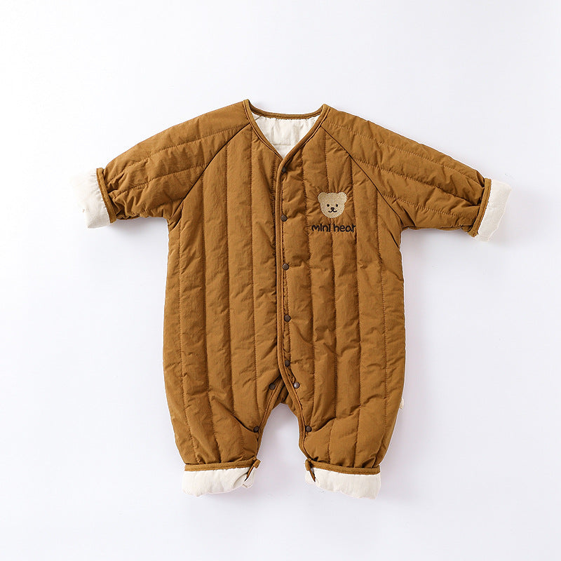 Baby Winter Padded Romper - Embroidered Bear Quilted Jumpsuit for Infants