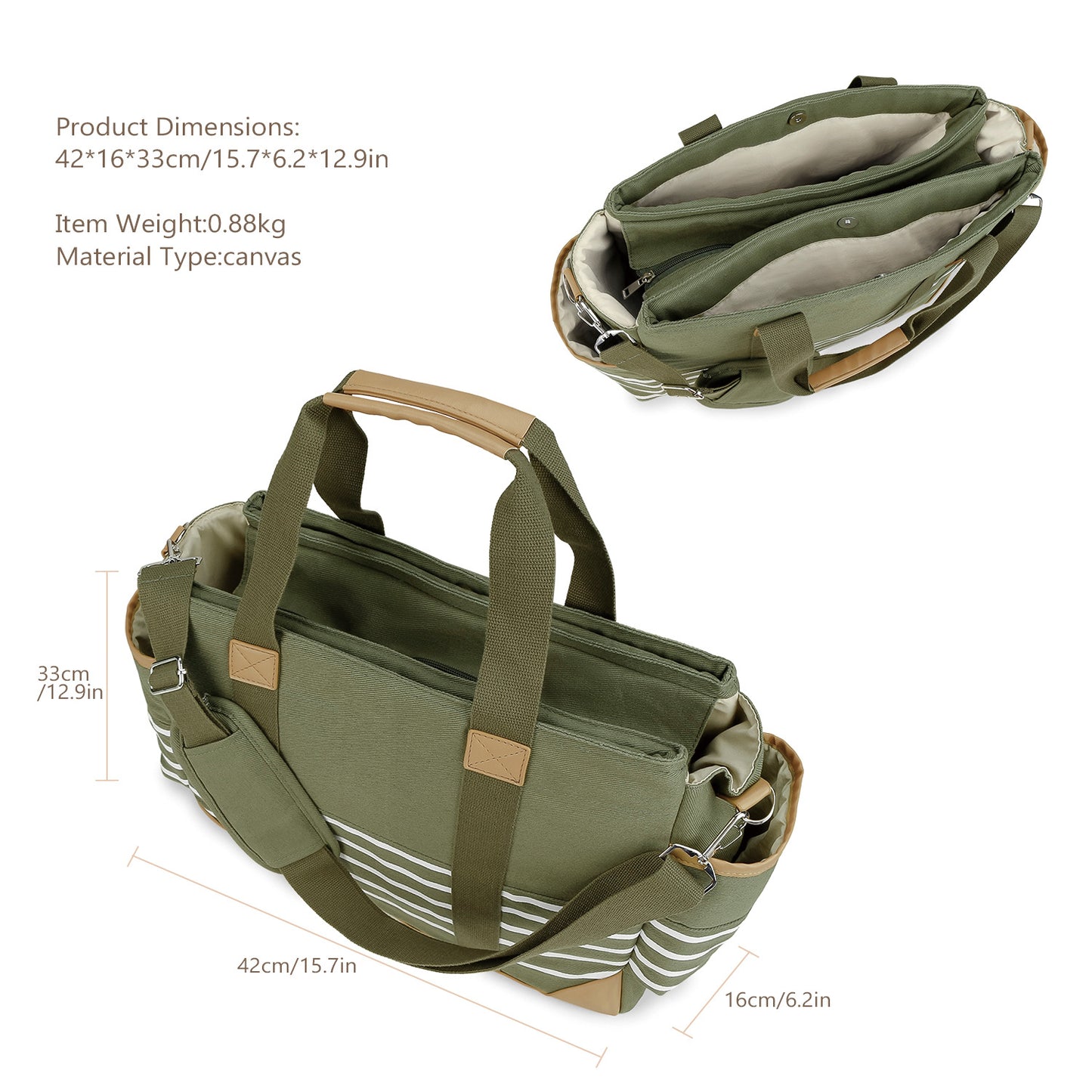 Canvas Diaper Bag Tote - Large Capacity Waterproof Mommy Bag with Stroller Straps, 2 Insulated Pockets & Magnetic Closure