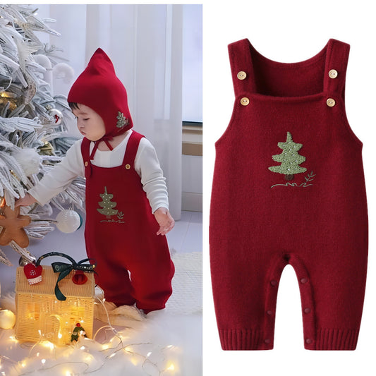 Christmas Tree Knit Suspenders Romper - Wine Red Baby Jumpsuit with Adjustable Straps
