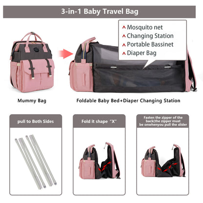2025 New Portable Mommy Backpack with Changing Station ,Folding Lightweight Multi-functional Waterproof Diaper Backpack