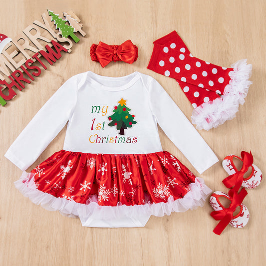Christmas Baby 4-Piece Set - Cotton Romper, Hat & Mittens