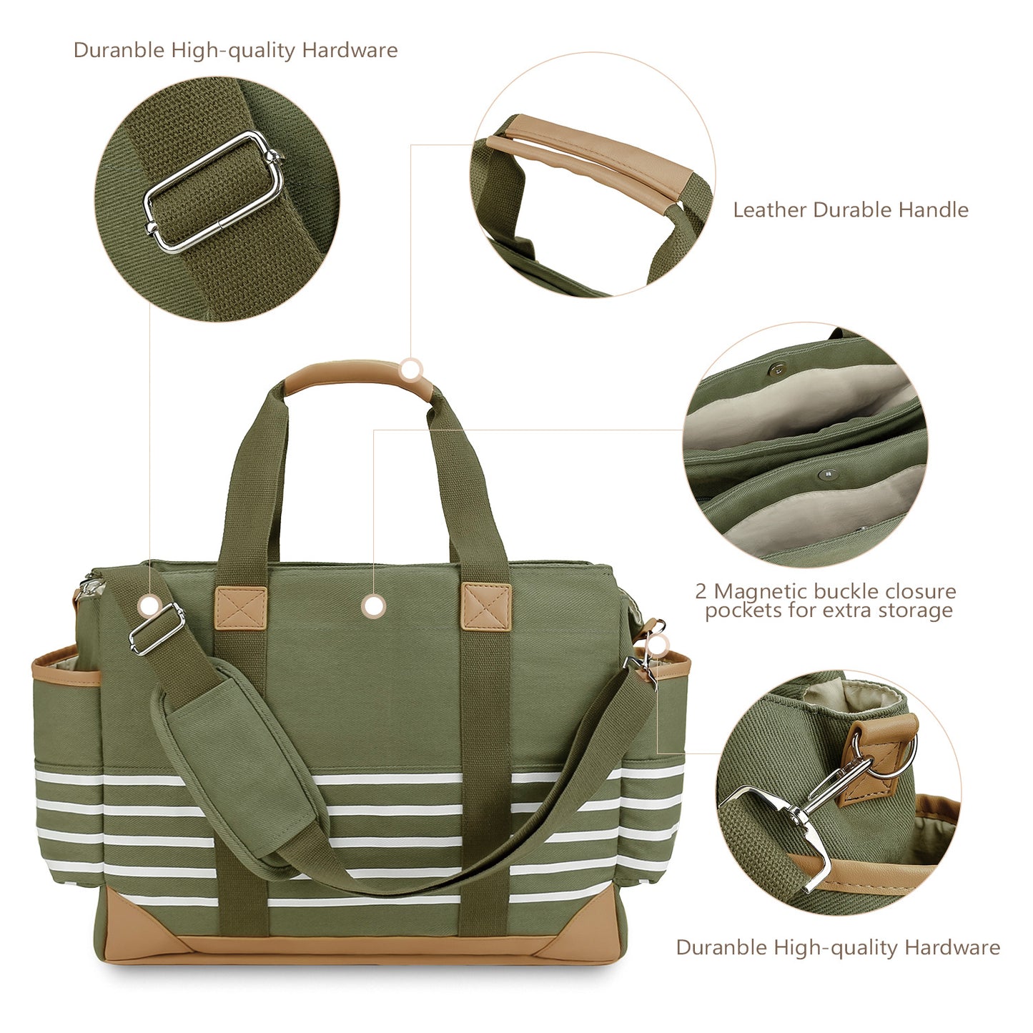 Canvas Diaper Bag Tote - Large Capacity Waterproof Mommy Bag with Stroller Straps, 2 Insulated Pockets & Magnetic Closure
