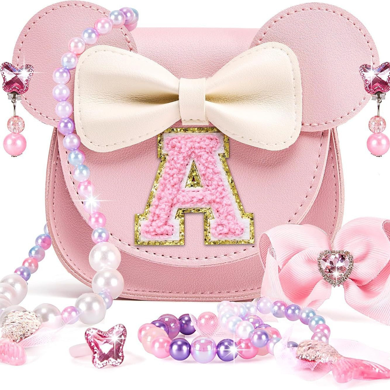 Personalized Girl's Purse Set for Toddlers - My First Wallet with Princess Jewelry, Dress Up Toy Gift for 3-6 Year Old (Custom Initial)