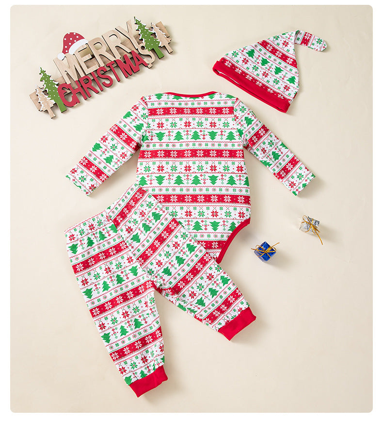 Christmas Baby 3-Piece Set - Printed Romper, Pants & Hat Outfit