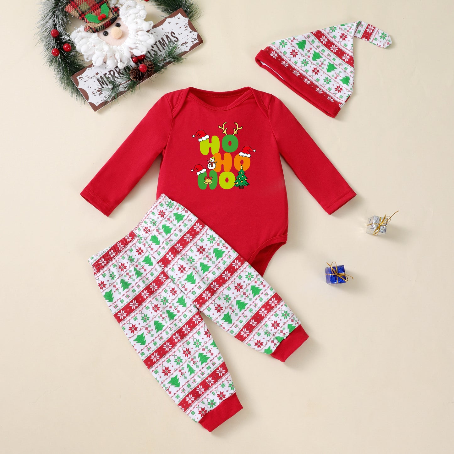 Christmas Baby 3-Piece Set - Printed Romper, Pants & Hat Outfit