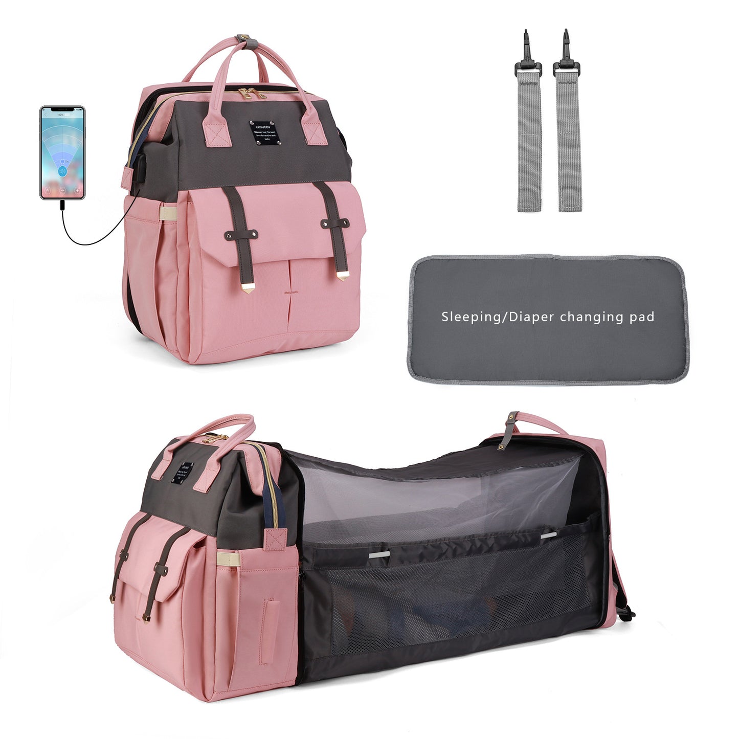 2025 New Portable Mommy Backpack with Changing Station ,Folding Lightweight Multi-functional Waterproof Diaper Backpack