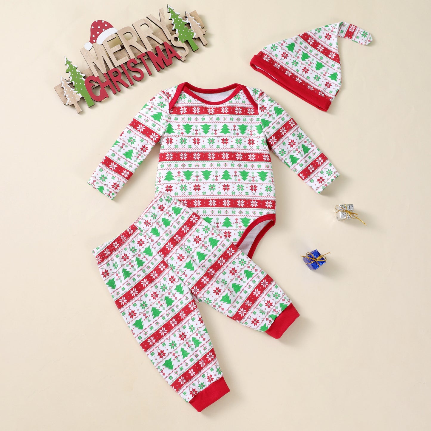 Christmas Baby 3-Piece Set - Printed Romper, Pants & Hat Outfit