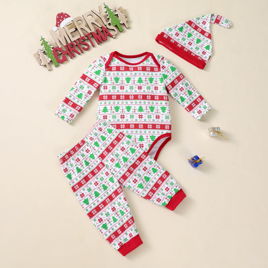 Christmas Baby 3-Piece Set - Printed Romper, Pants & Hat Outfit