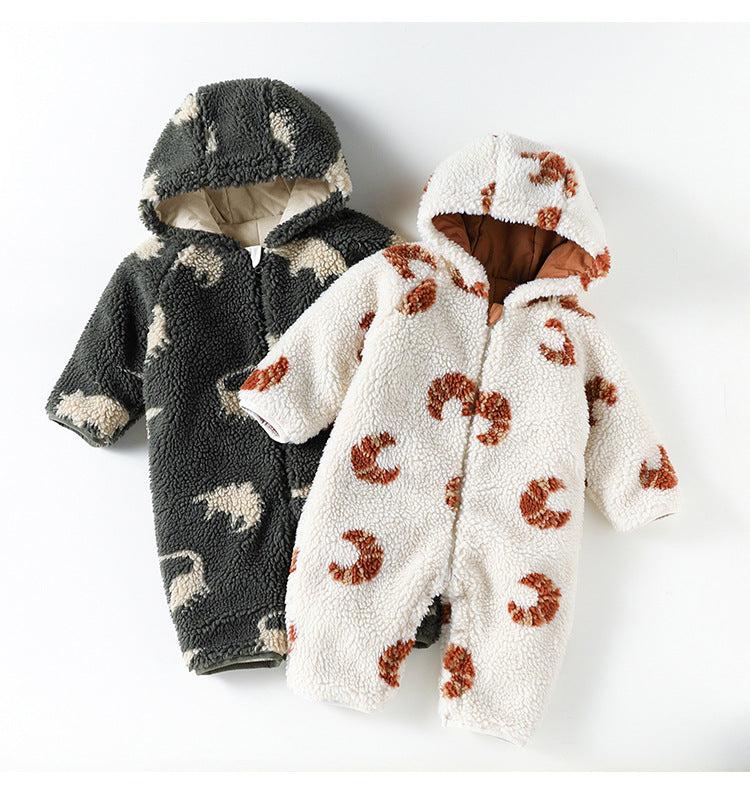 Nordic Style Baby Fleece Romper - Hooded Jumpsuit for Infant Winter Wear