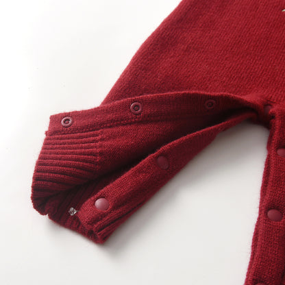 Christmas Tree Knit Suspenders Romper - Wine Red Baby Jumpsuit with Adjustable Straps