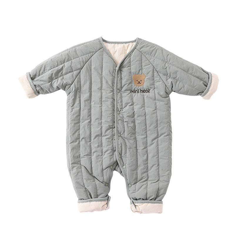 Baby Winter Padded Romper - Embroidered Bear Quilted Jumpsuit for Infants