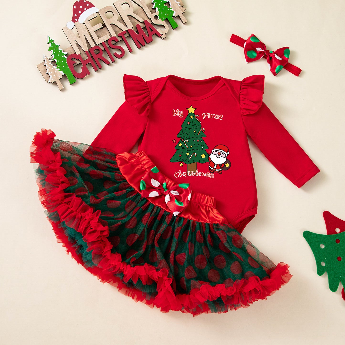 Christmas Baby Girl 3-Piece Set - Santa Dress Outfit with Romper & Skirt