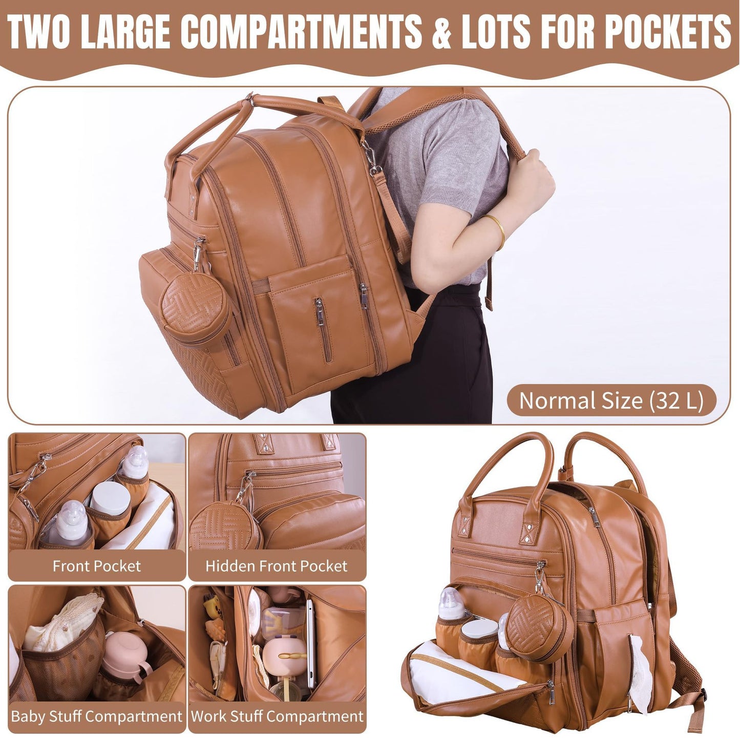 Large Diaper Bag Backpack，Waterproof Leather Diaper Bags Baby with Changing Station