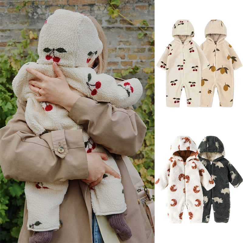 Nordic Style Baby Fleece Romper - Hooded Jumpsuit for Infant Winter Wear