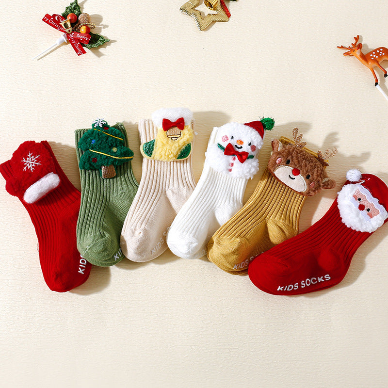 Christmas Baby Socks 3-Pair Set - Non-Slip Grip Cotton Socks with Holiday Designs