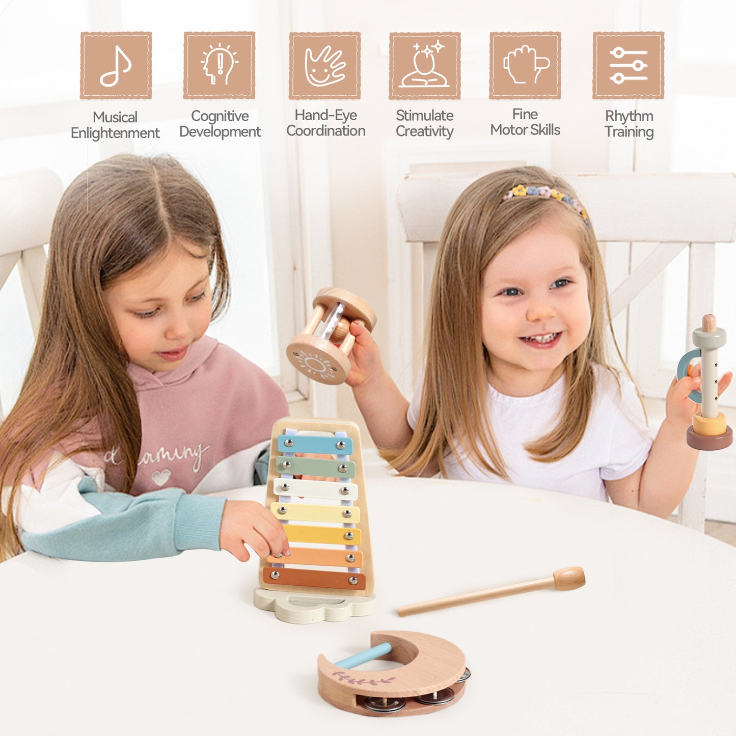 Montessori Wooden Musical Instruments Set with Xylophone, Sensory Learning Toys for Toddlers 18+ Months, Educational Gift for Kids