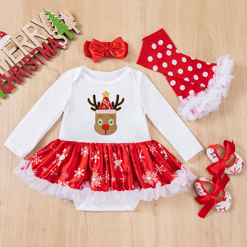 Christmas Baby 4-Piece Set - Cotton Romper, Hat & Mittens