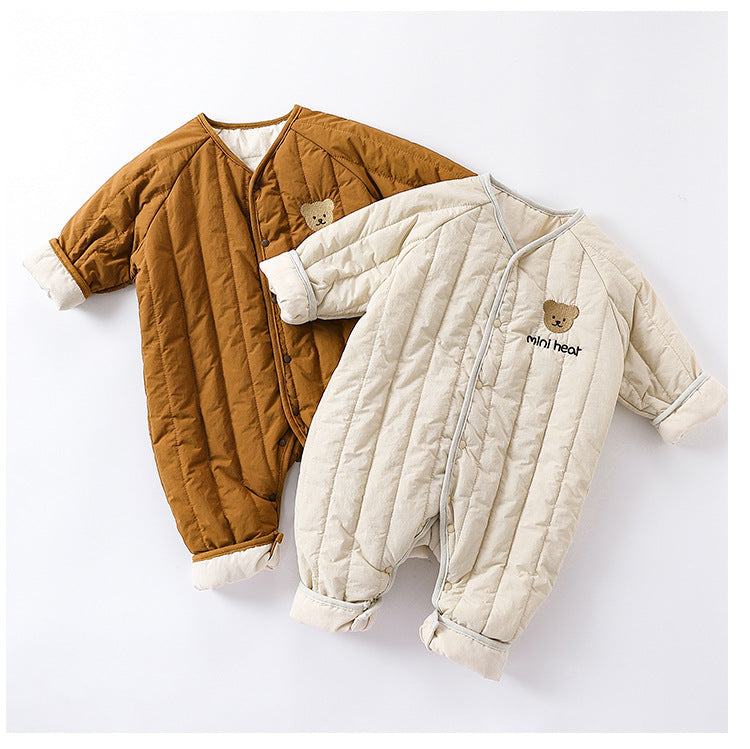 Baby Winter Padded Romper - Embroidered Bear Quilted Jumpsuit for Infants