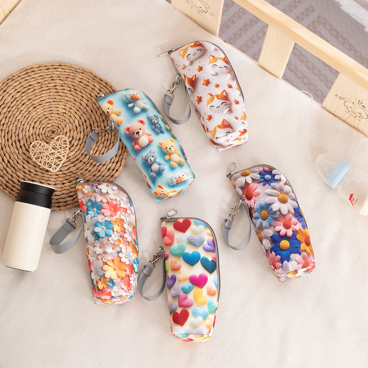 Insulated Bottle Bag with Adjustable Strap – 3D Pattern Thermal Baby Milk Bottle Holder, Portable Water Bottle Pouch for Stroller, Outdoor Travel