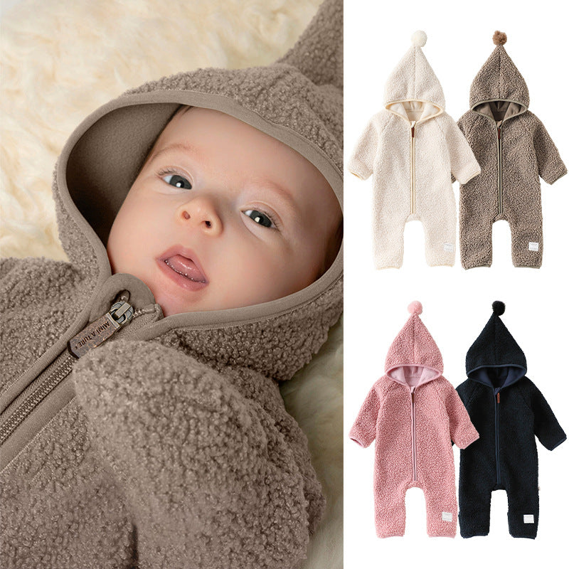 Baby Hooded Romper - Ultra-Soft Fleece Zip-Up Jumpsuit for Infants
