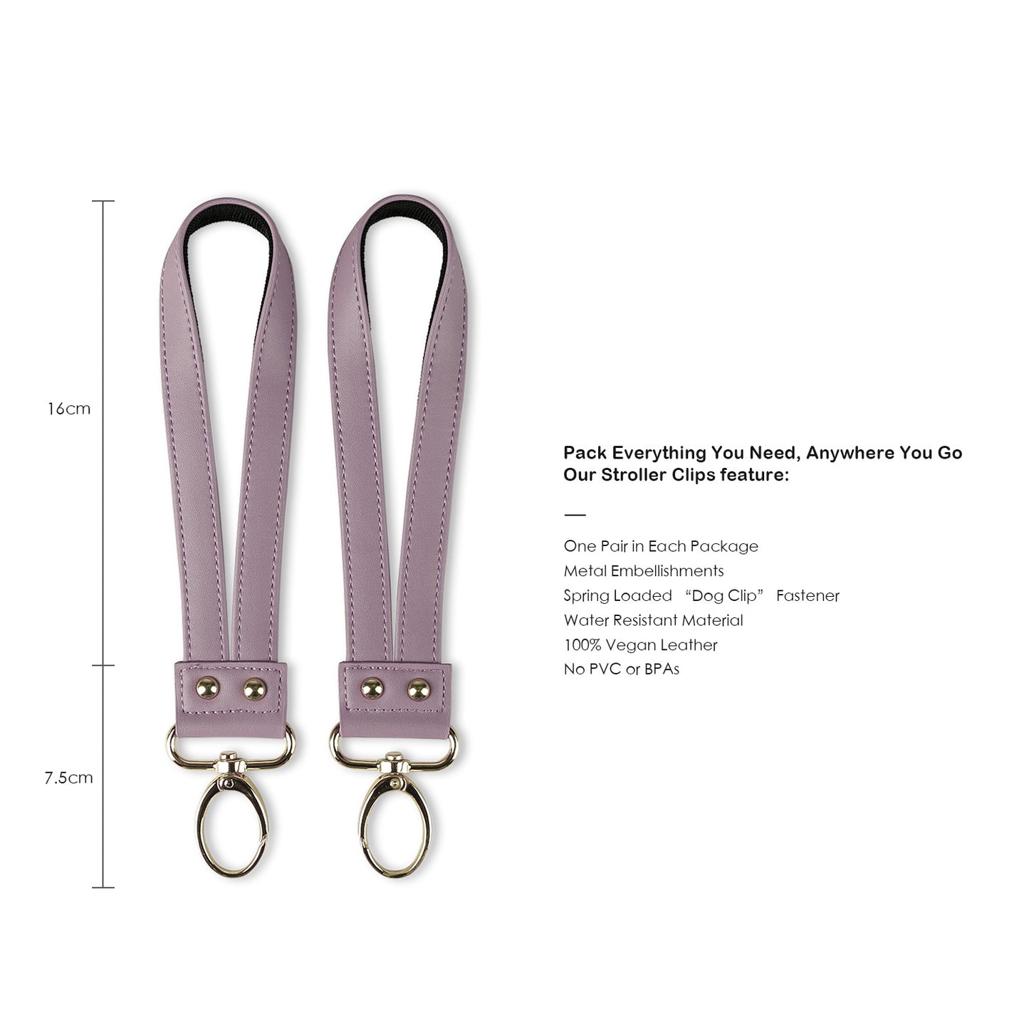360° Rotating Stroller Hooks – Premium Vegan Leather Clips for Bags & Caddies, Heavy Duty Metal Snaps (Pair, Water Resistant)