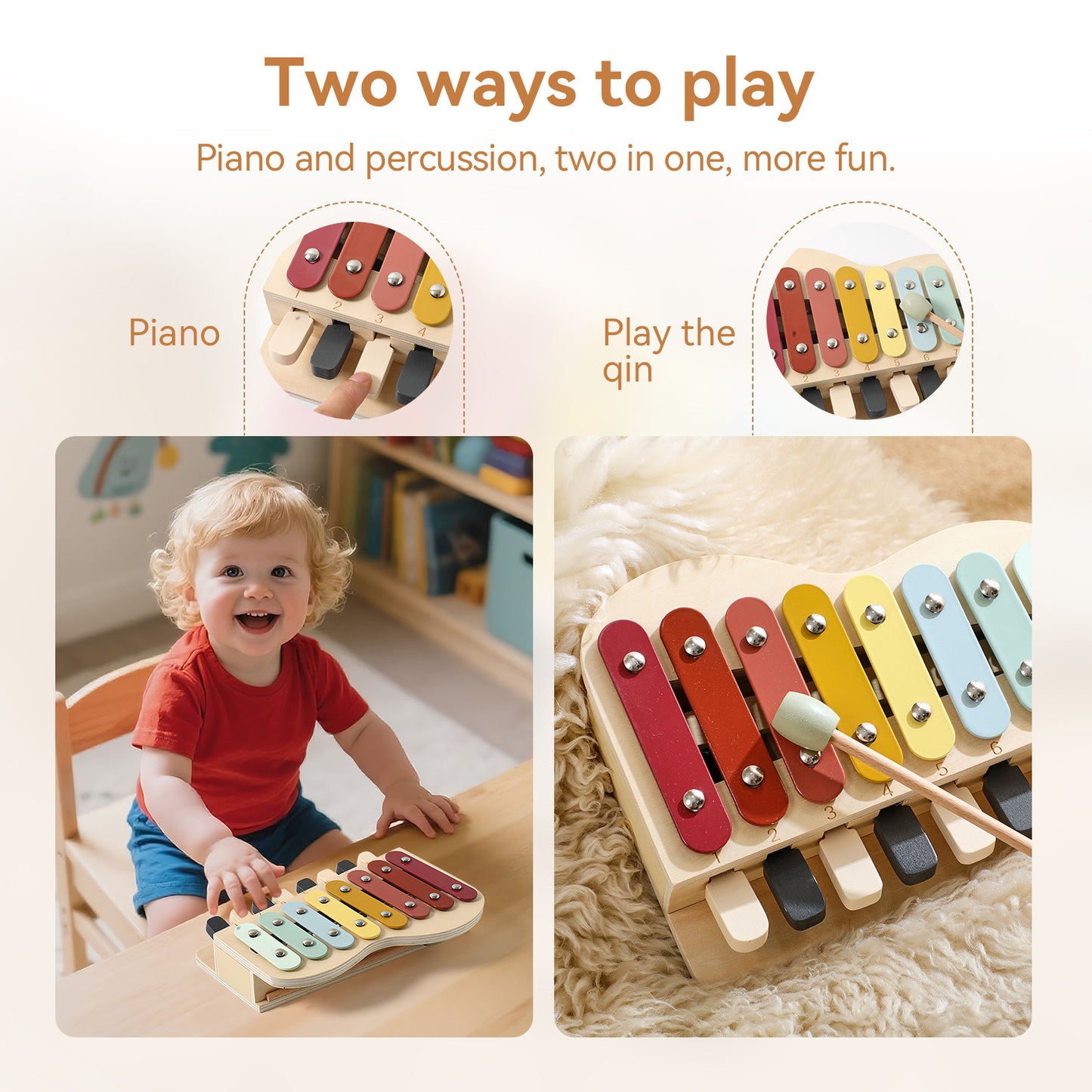 2-in-1 Wooden Piano Xylophone for Toddlers, Montessori Musical Learning Toy with Song Sheets
