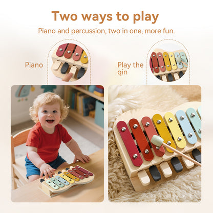 2-in-1 Wooden Piano Xylophone for Toddlers, Montessori Musical Learning Toy with Song Sheets
