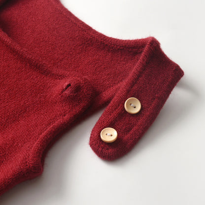 Christmas Tree Knit Suspenders Romper - Wine Red Baby Jumpsuit with Adjustable Straps