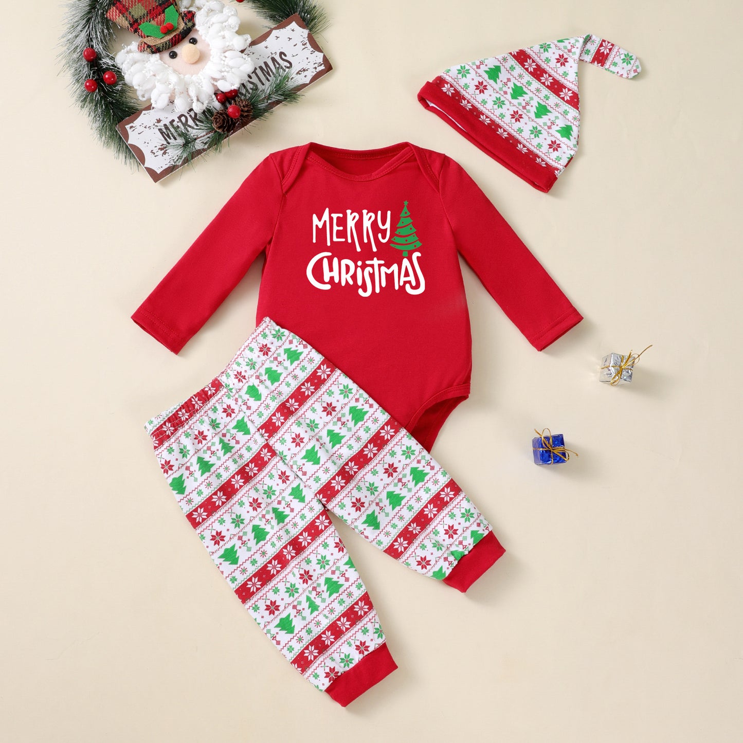 Christmas Baby 3-Piece Set - Printed Romper, Pants & Hat Outfit
