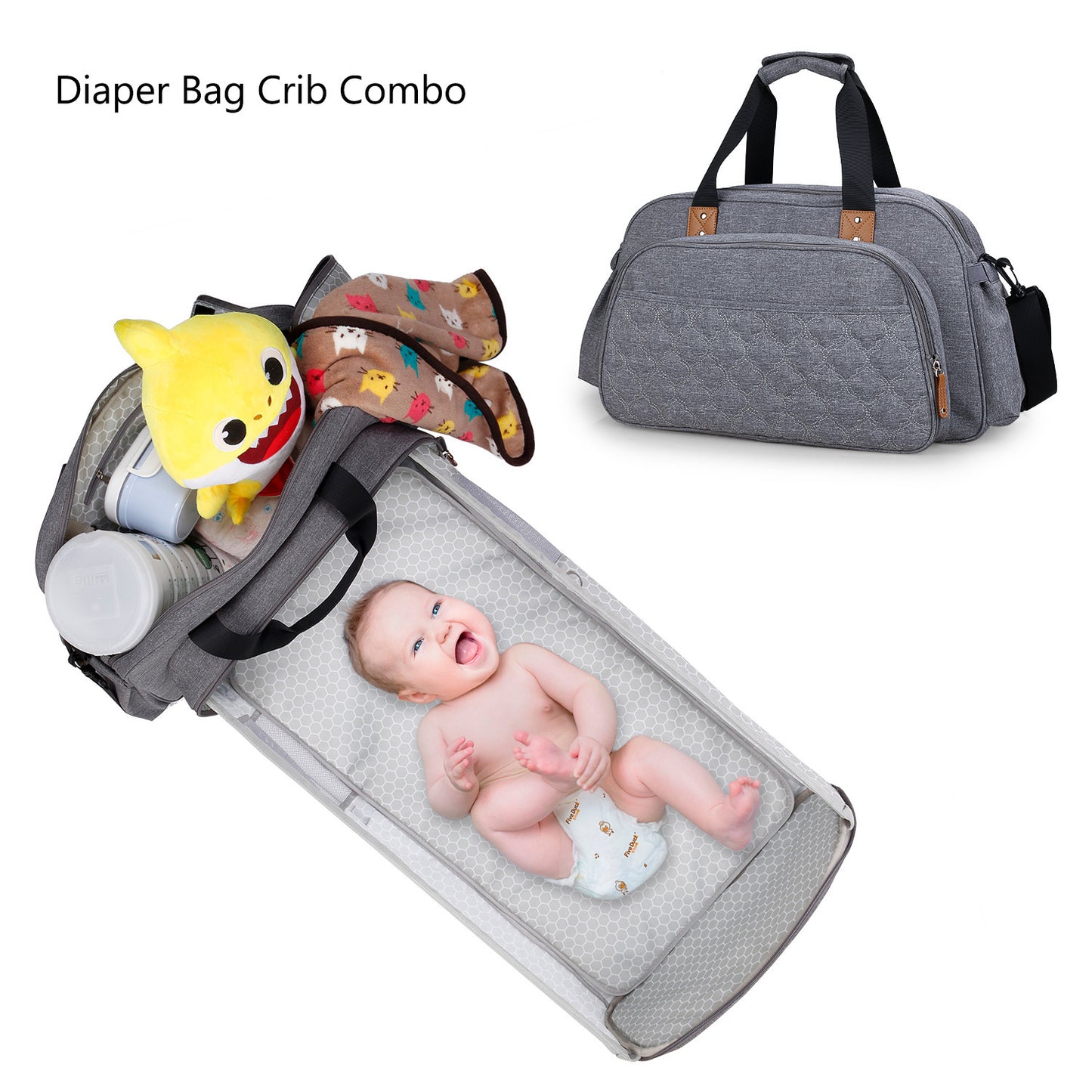 Quilted Diaper Bag Tote with Baby Bed– Foldable Portable Mommy Bag with Changing Pad