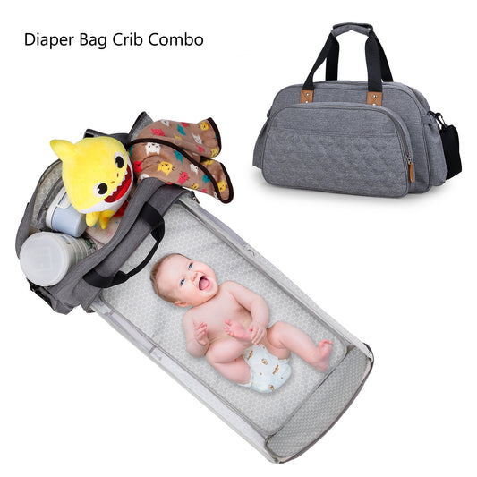 Quilted Diaper Bag Tote with Baby Bed– Foldable Portable Diaper Bag with Changing Pad