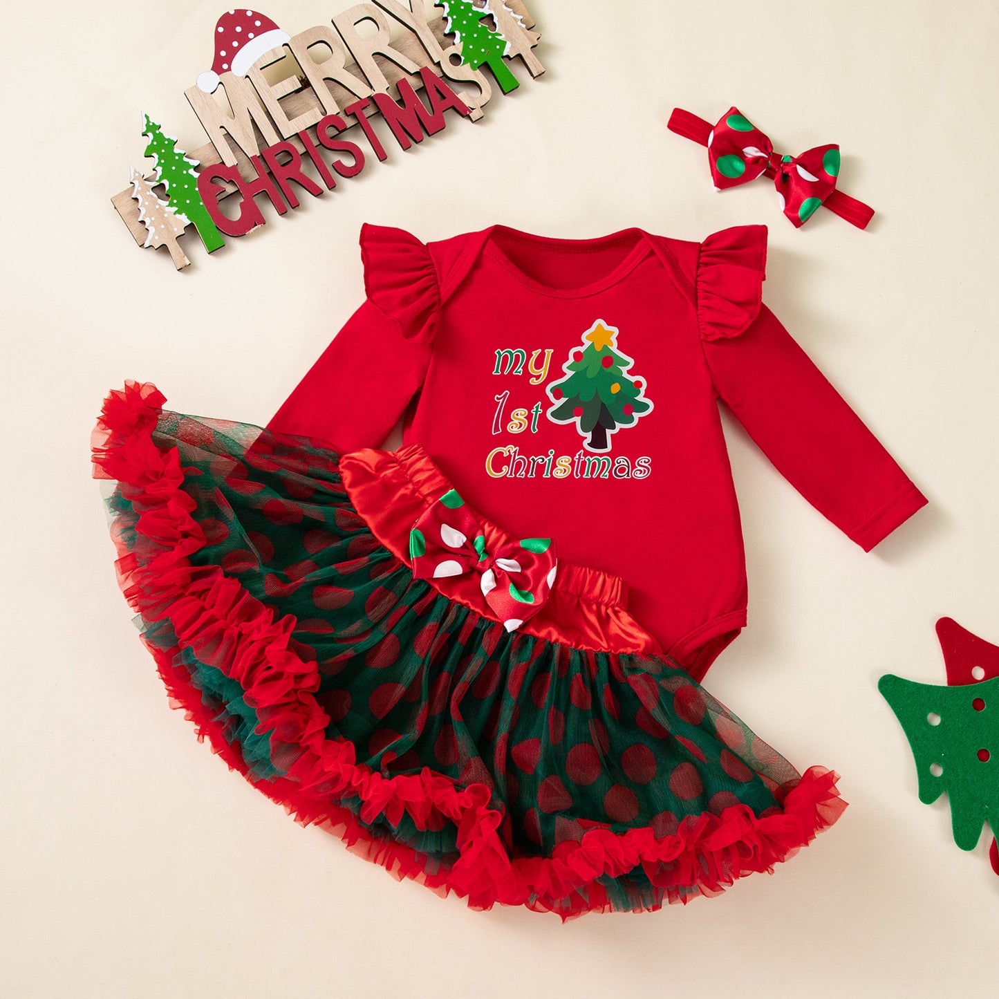 Christmas Baby Girl 3-Piece Set - Santa Dress Outfit with Romper & Skirt