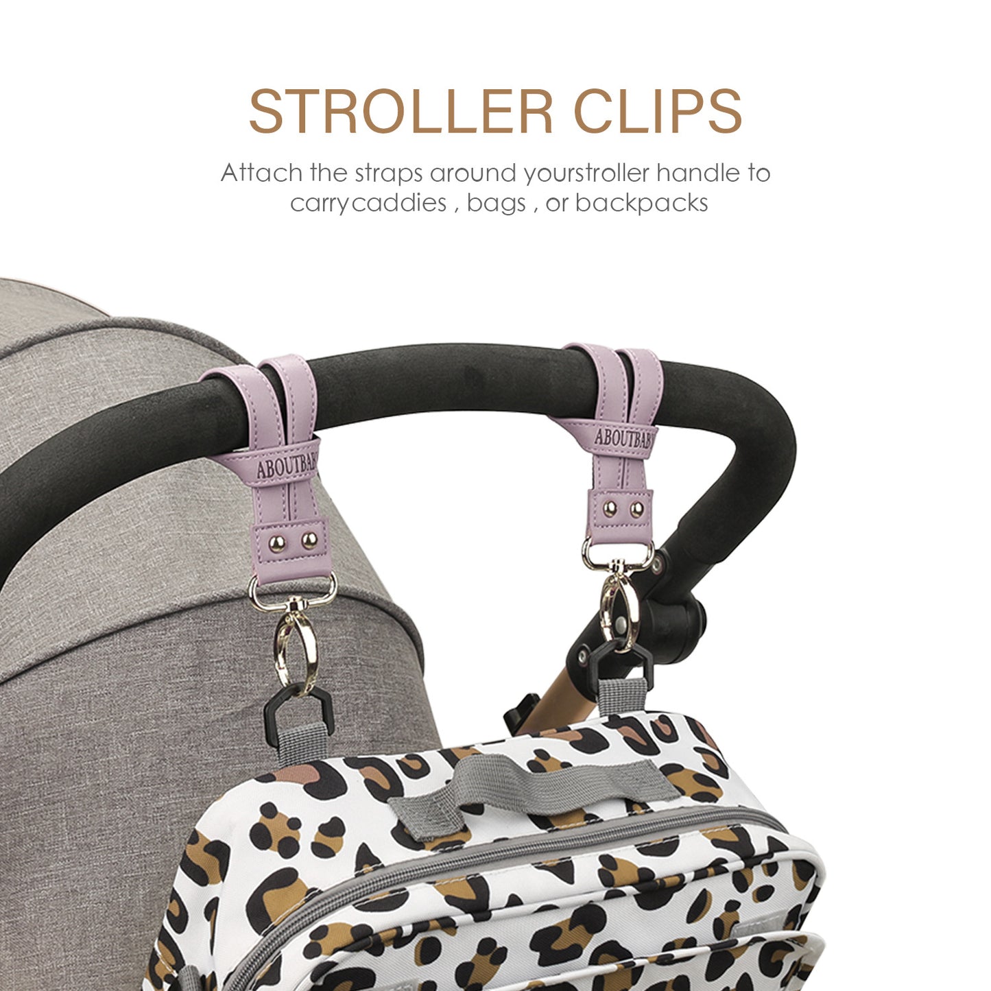 360° Rotating Stroller Hooks – Premium Vegan Leather Clips for Bags & Caddies, Heavy Duty Metal Snaps (Pair, Water Resistant)