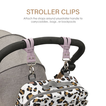 360° Rotating Stroller Hooks – Premium Vegan Leather Clips for Bags & Caddies, Heavy Duty Metal Snaps (Pair, Water Resistant)