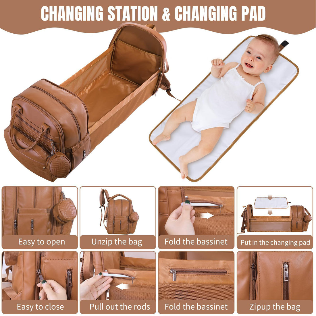 Large Diaper Bag Backpack，Waterproof Leather Diaper Bags Baby with Changing Station