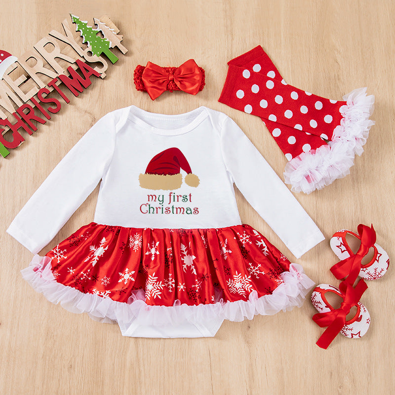 Christmas Baby 4-Piece Set - Cotton Romper, Hat & Mittens
